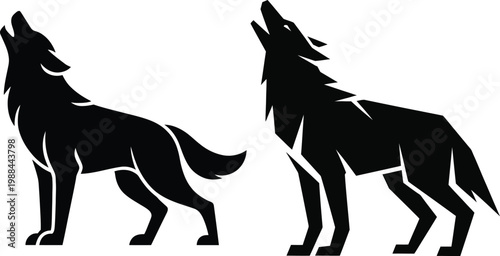 Two black wolf silhouettes howling at the moon with sharp features silhouettes wildlife predator illustration silhouette creature