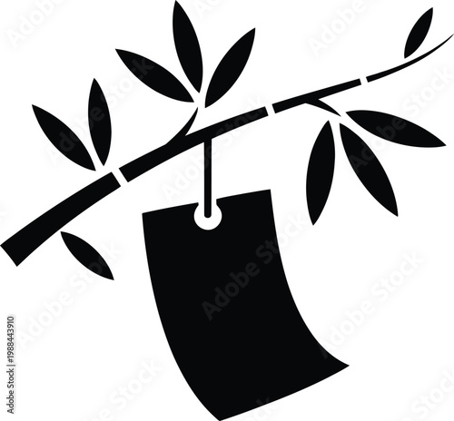 Black silhouette vector illustration of bamboo branch with a single hanging tanzaku paper wish for Tanabata festival traditional Japanese summer event art