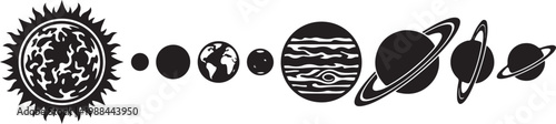 Minimalist solar system alignment silhouette featuring sun and planets in a row