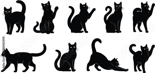 Black cat silhouettes collection, playful feline poses vector set, domestic pet illustrations for Halloween, animal design, and creative branding projects