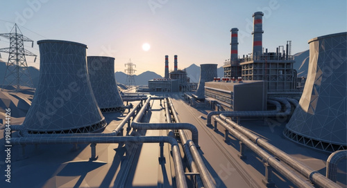 Industrial power plant with cooling towers and smokestacks at sunset.