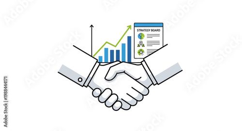 Business handshake with financial graph and report illustration.