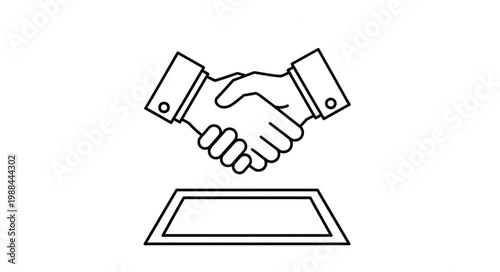 Two hands shaking above a platform representing agreement and partnership.