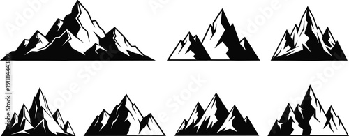 Black mountain silhouette set, minimalist alpine peaks vector collection, abstract landscape icons for branding, logo design, outdoor adventure illustration pack
