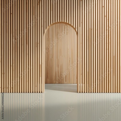 Minimalist wooden arch doorway with vertical slat wall background and grey flooring 