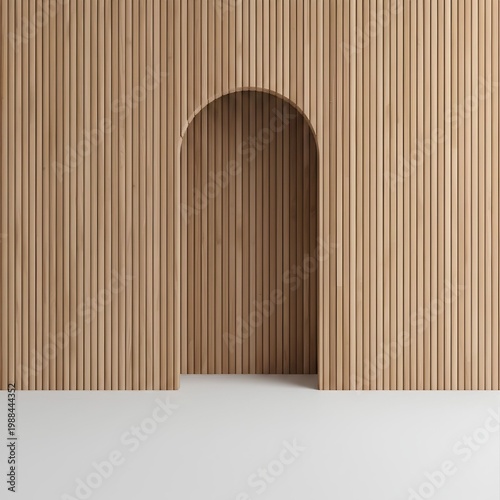 Minimalist Wooden Slat Wall with Arched Doorway Architectural Design mock up
