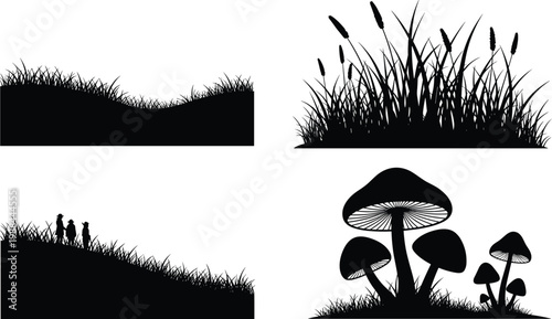 Black silhouette collection of grass hills, reeds, mushrooms, and people walking in nature vector illustration isolated on white background