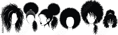 Black women afro hairstyle silhouette set featuring curly hair buns, ponytails, and natural textured styles vector illustration isolated on white