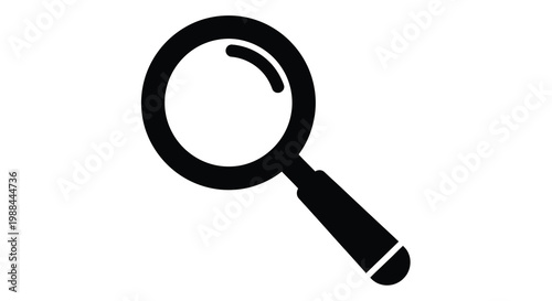 A simple black and white illustration depicts a magnifying glass with a curved handle high quality