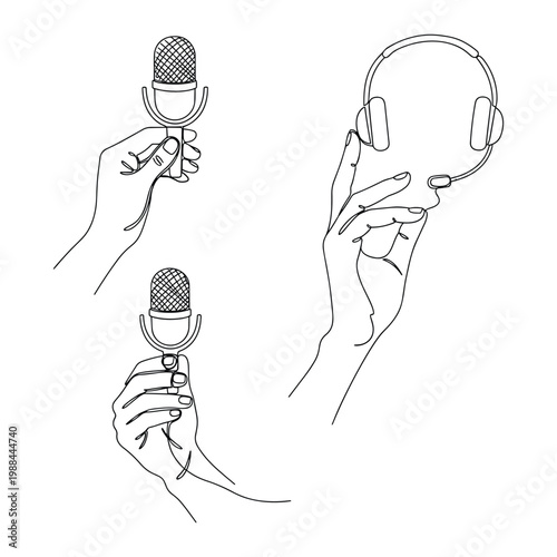 Hands holding microphones and headphones vector illustration