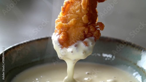 Fried chicken dipped in creamy sauce in a rustic bowl  