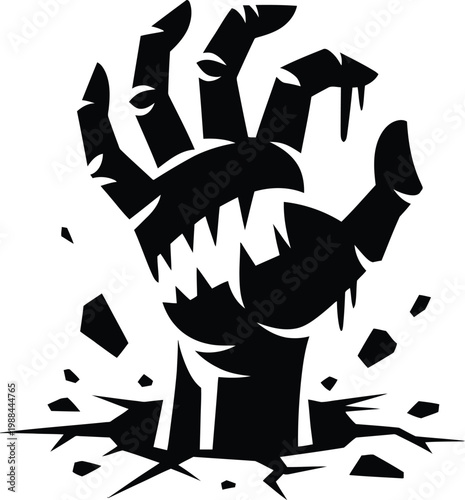 Stylized black silhouette of a zombie hand breaking through the ground with living dead silhouette halloween creature illustration nightmare graveyard reanimation reaching emerging