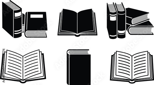 Books and open book silhouettes collection, education library vector icons set, reading knowledge concept illustrations for school, publishing, and design use