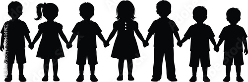 Children silhouettes holding hands in a row, friendship and unity concept vector illustration isolated on white background