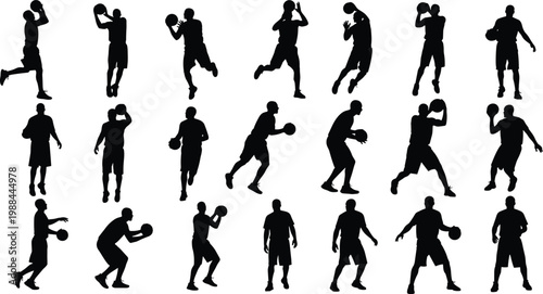 Collection of basketball player silhouettes in dynamic poses, dribbling, shooting, passing, and jumping, minimalist black vector artwork for sports design