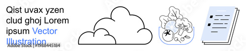 Cloud storage, environmental awareness, sustainability, documentation, workflow management, digital services. A cloud symbol, eco-graphic with icons of nature and a checklist document. Cloud storage