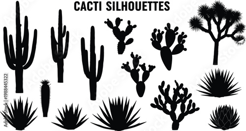 Collection of cactus and desert plant silhouettes including saguaro, prickly pear, agave, yucca, and Joshua tree in bold black design