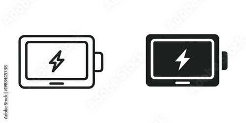 Illustration depicting tablet battery status with charging and fully charged icons