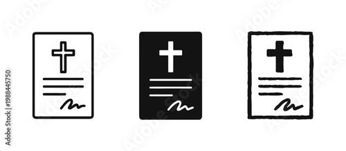 Death Certificate Icon Set, Official Religious Document with Cross and Signature Symbols