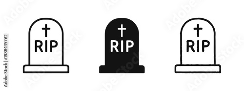 Christian Gravestone Icon Set, Tombstone with RIP and Cross Symbol for Cemetery