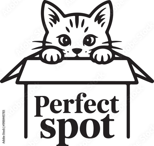 Black and white line art cat peeking out of a box with text