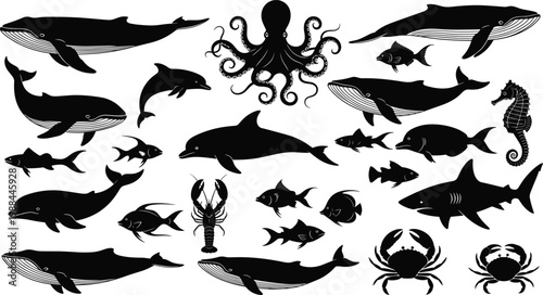 Collection of marine animal silhouettes including whales, dolphins, fish, shark, octopus, seahorse, lobster, and crabs in vector illustration design