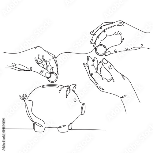 Hands putting coins into a piggy bank vector illustration