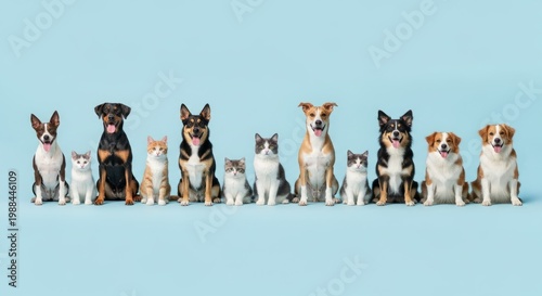 Diverse Dogs and Cats Lined Up, Various Breeds and Sizes, Studio Portrait on Blue Background