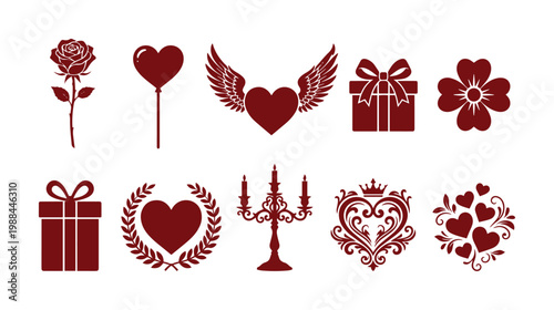 Set of 10 Red Valentine's Day Love and Romance Icons Vector