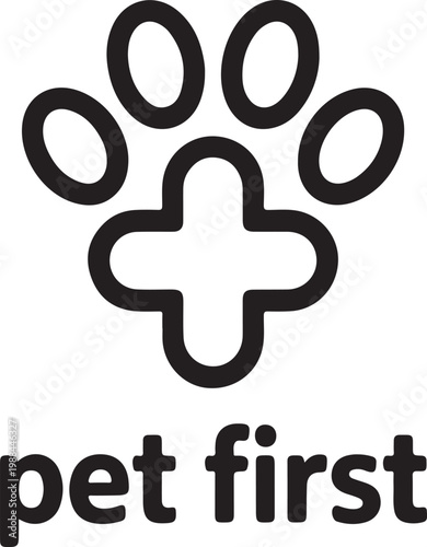 Black paw print and cross logo with text pet first