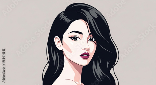 Portrait of a beautiful young woman with long dark hair.