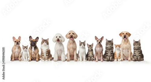 Diverse Group of Dogs and Cats Sitting in a Row on White Background