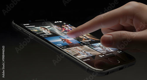 A hand interacting with a smartphone screen displaying various media content options