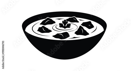 A black and white illustration of a bowl filled with a creamy soup and cubed garnish