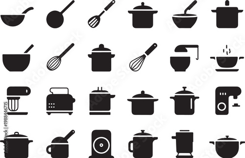 Collection of black kitchen utensil and appliance icons