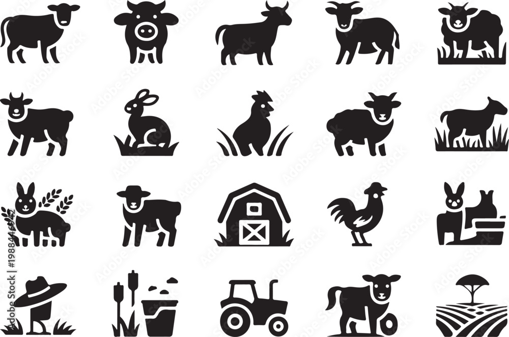 Fototapeta premium Collection of Farm Animals and Agricultural Icons sheep