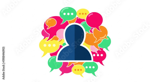 Person surrounded by colorful speech bubbles representing communication and social interaction.