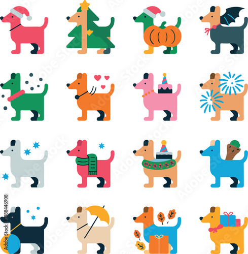 Collection of flat minimal vector dog icons with festive themes