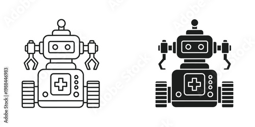 Medical robots with contrasting design styles standing on cylindrical bases