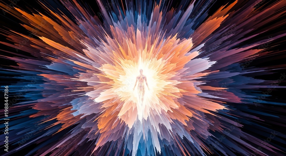 Obraz premium Human Silhouette in Exploding Cosmic Energy Burst, Spiritual Awakening, Transformation Concept