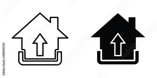 Contrast of house icons with different fill styles and an upward arrow inside