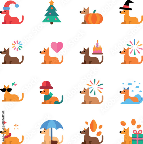 Collection of flat vector dog icons with holiday and seasonal themes