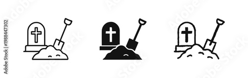 Grave Digging Icon Set with Tombstone and Shovel - Outline, Solid, and Hand-Drawn Symbols for Burial Services