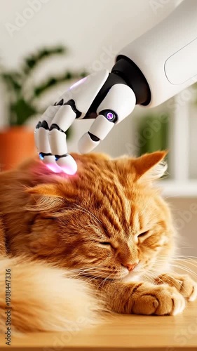 Robotic hand petting sleeping orange cat on wooden table indoors  