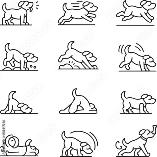 Collection of minimalist line art icons depicting dog actions