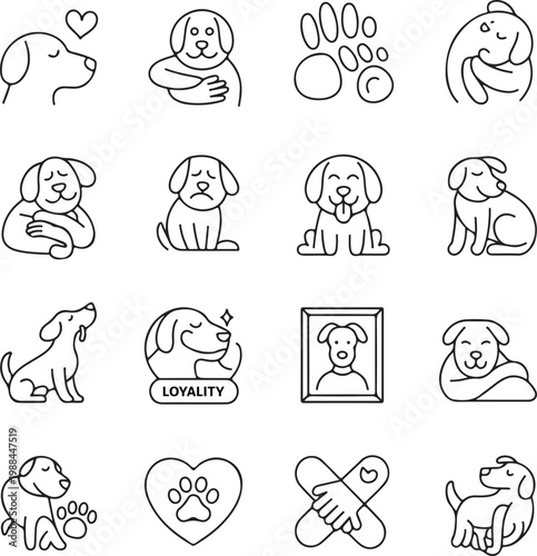 Collection of simple black line art dog icons and symbols