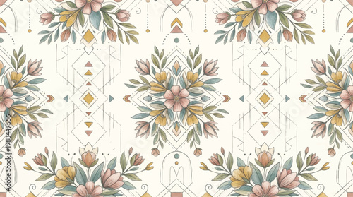 Bohemian floral pattern with soft pastel colors and geometric accents