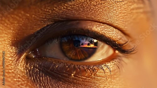 Close-up of brown eye with reflections in evening light  