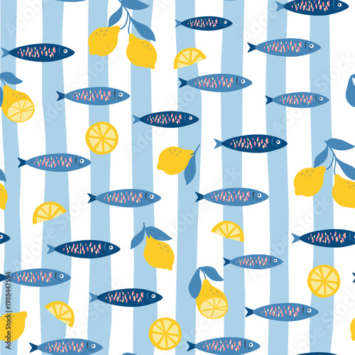 Stripes, Portuguese sardines and lemon seamless pattern. Cartoon Mediterranean food sea fish on the blue striped repeat background. Vector summer textile design, fashion, fabric, wallpaper, print.