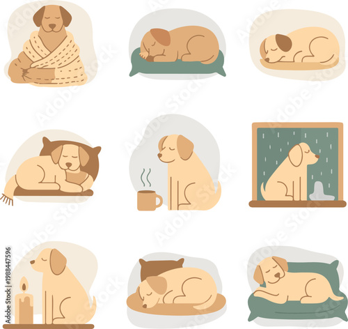 Collection of nine flat vector illustrations of dogs in various cozy scenes